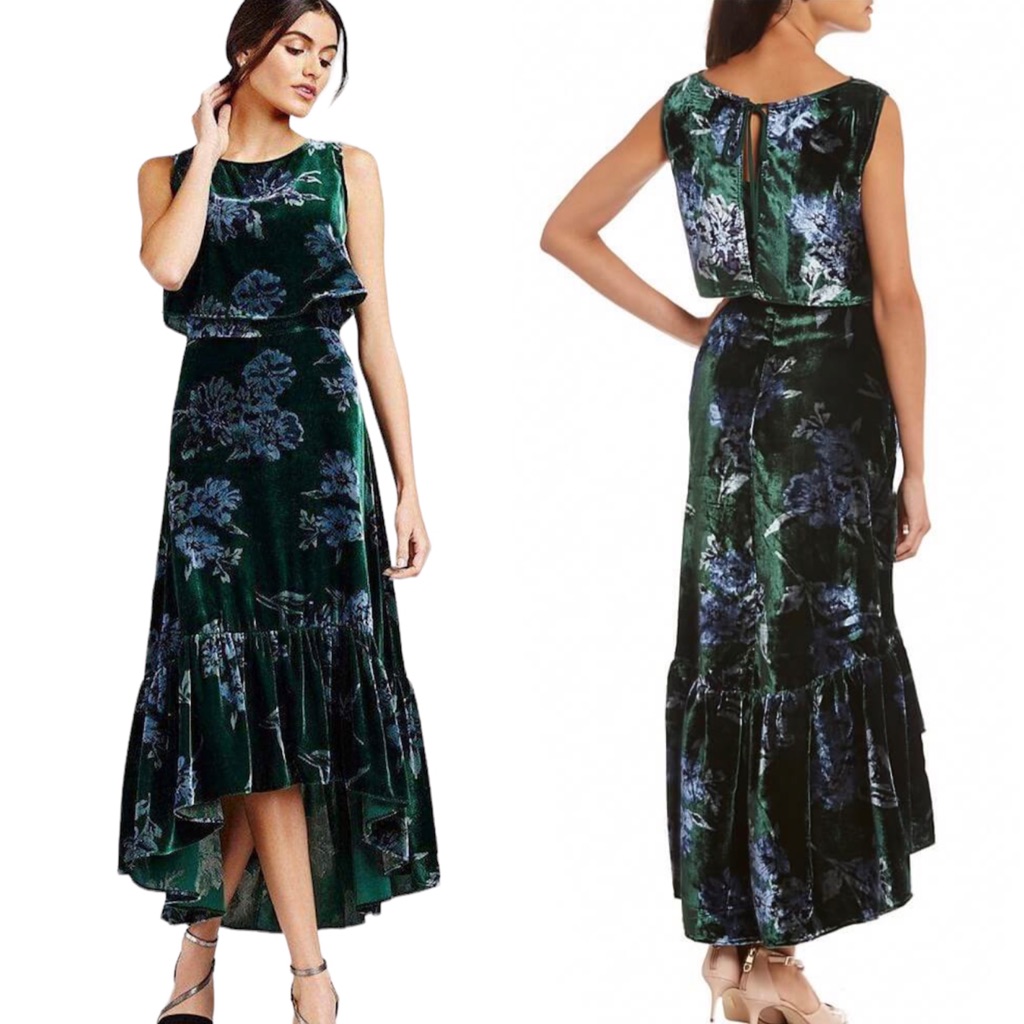 Eva Franco Green Velvet Parlor Rose Velvet Sleeveless High Low Brie Dress 12